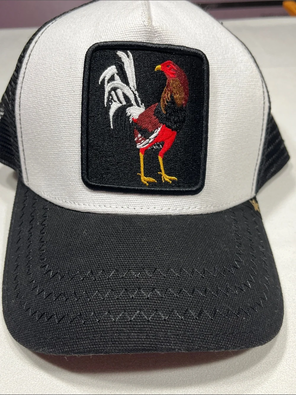 Gold Star Rooster Trucker Hat Snapback Black White Mesh Cap Adult